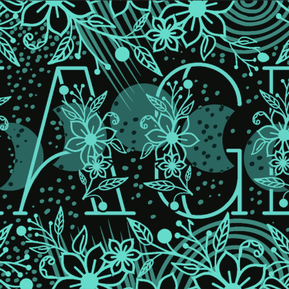 Typography based illustration with the word "magic" in aqua over a dark background. Floral and hand drawn elements.